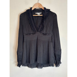 DVF Diane von Furstenberg Black Matador Blouse Pleated Ruffle Detail Size 6